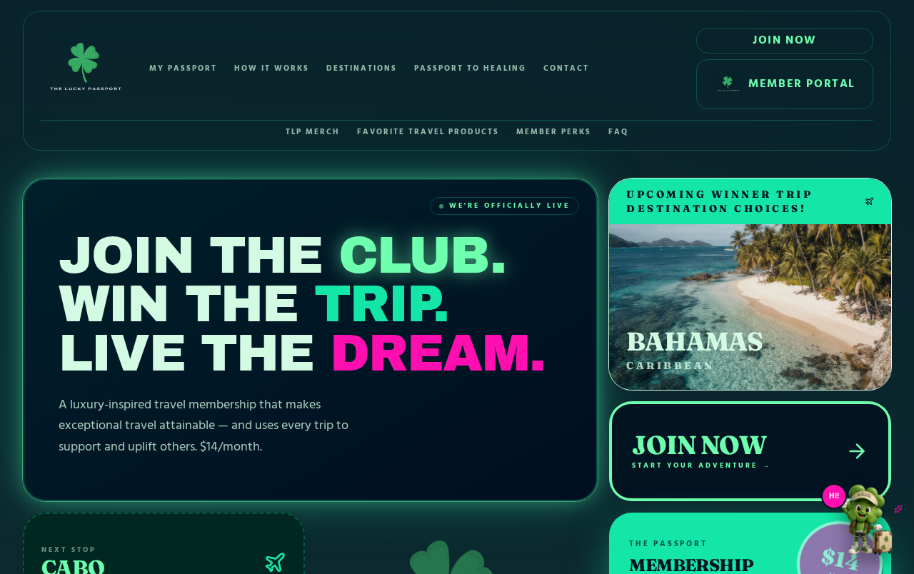 The Lucky Passport homepage — join the club, win the trip