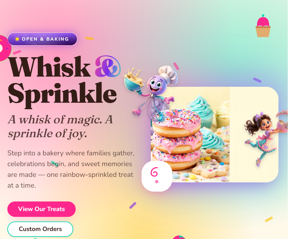 Whisk & Sprinkle bakery — full brand and website design by Small But Mighty Web