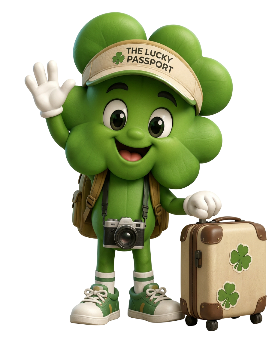 Lucky, the leprechaun-style mascot character designed for The Lucky Passport