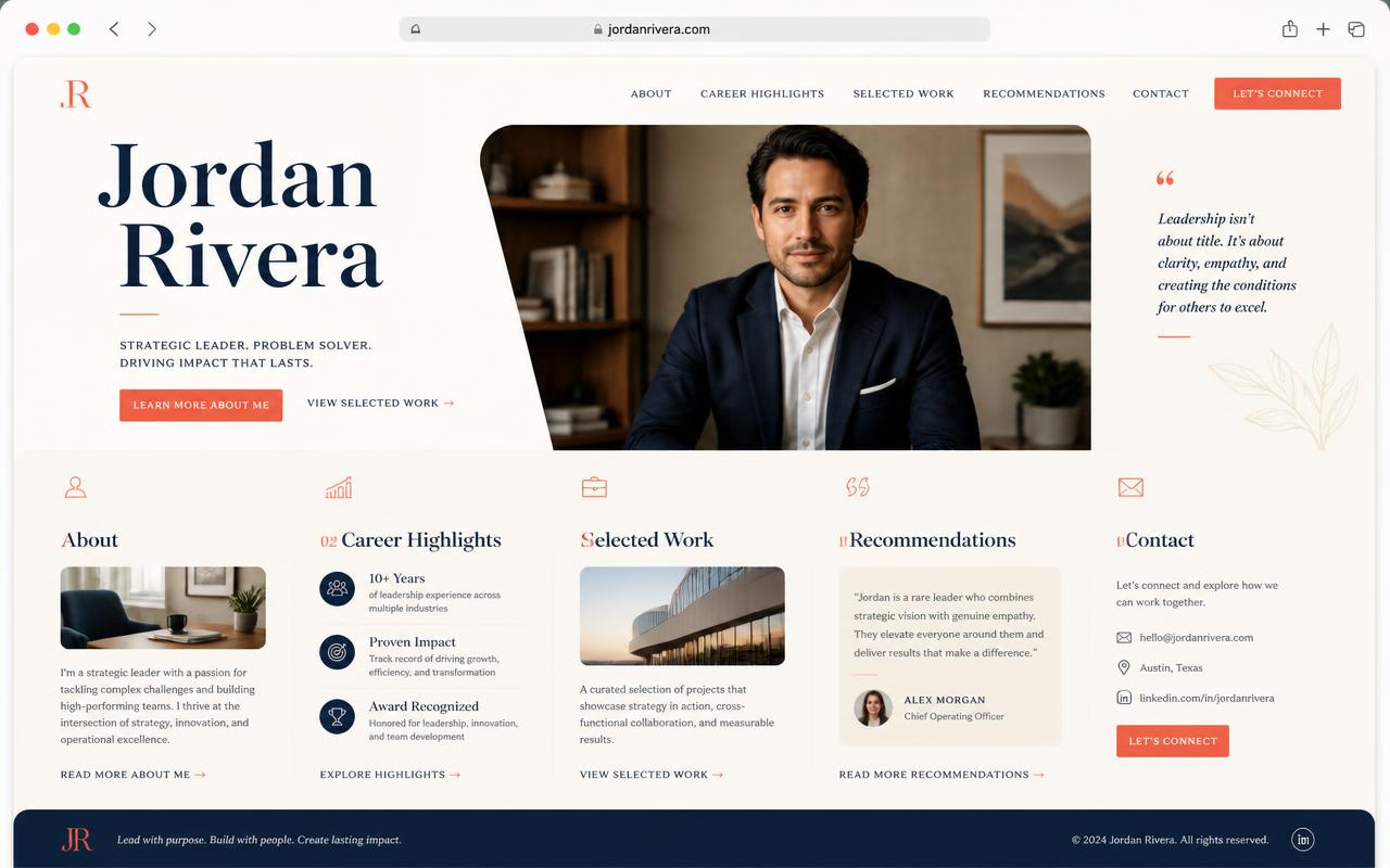Example professional portfolio for Jordan Rivera, showing About, Career Highlights, Selected Work, Recommendations, and Contact sections.