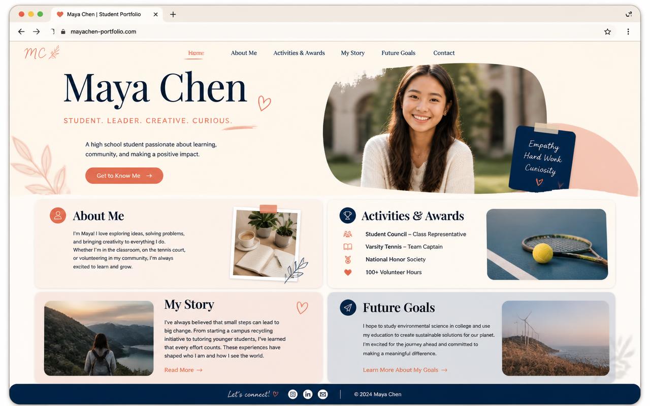 Example student portfolio for Maya Chen, showing About Me, Activities & Awards, My Story, and Future Goals sections.